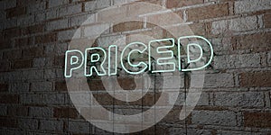 PRICED - Glowing Neon Sign on stonework wall - 3D rendered royalty free stock illustration photo