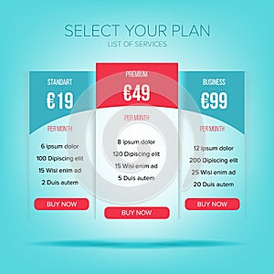 Pricing Business Plans Vector. Contemporary Pricing Business Plans, Data Table Template For Web And Applications. Hosting For Webs