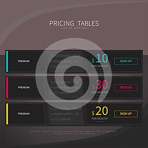 Pricing comparison table set for commercial business web service