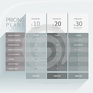 Pricing comparison table set for commercial business web service