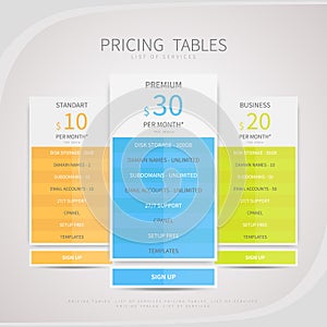 Pricing comparison table set for commercial business web service