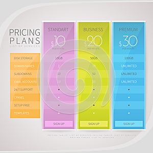 Pricing comparison table set for commercial business web services and applications.