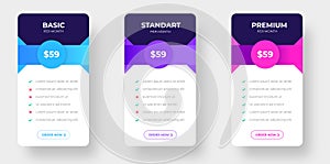 pricing plans table and pricing chart Price list for web or app. Ui UX pricing design tables with tariffs