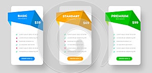 pricing plans table and pricing chart Price list for web or app. Product Comparison business web plans.