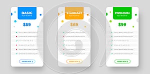 pricing plans table and pricing chart Price list for web or app. Product Comparison business web plans.