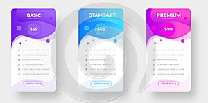 pricing plans table and pricing chart Price list for web or app. Ui UX pricing design tables with tariffs