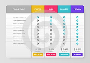 Pricing tab. Comparison pricing list, services cost table. Menu planning compare products tariff plans infographics