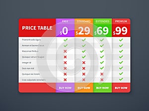 Pricing tab. Price plan comparison table, prices comparative website chart. Business infographic checklist vector photo