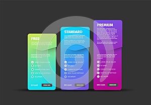 Pricing table dark gradient template with three product cards