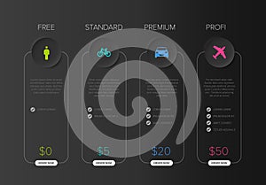Pricing table dark template with four product cards