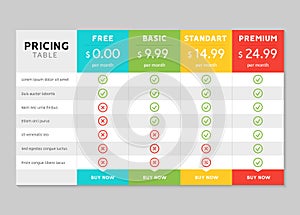 Pricing table design for business. Price plan web hosting or service. Table chart comparison of tariff