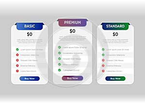 3 Pricing Table Infographic Design Vector Template for Service Comparison