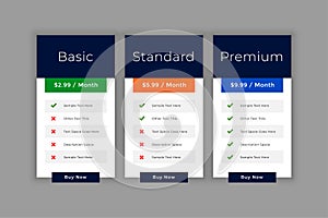 Pricing table interface template for business