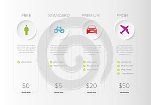 Pricing table light template with four product cards