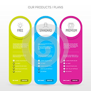 Pricing table light template with three product cards
