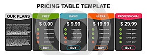 Pricing table, plan list, or comparison template vector. Business presentation, infographic, website element, hosting plan