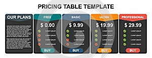 Pricing table, plan list, or comparison template vector. Business presentation, infographic, website element, hosting plan