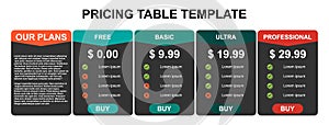 Pricing table, plan  list, or comparison template vector. Business presentation, infographic, website element, hosting plan