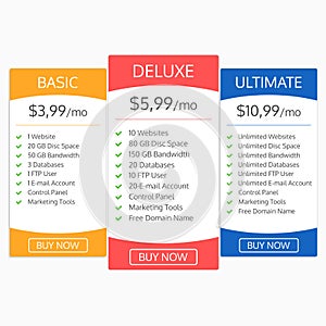 Pricing table template. Hosting plans comparison. Banners with tariff for websites and app. Vector illustration.