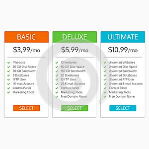 Pricing table template. Hosting plans comparison. Banners for websites and app. Vector illustration.