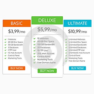 Pricing table template. Hosting plans comparison. Banners for websites and app. Vector illustration