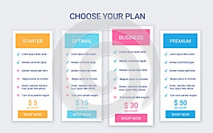 Price table comparison layout with 4 columns. Vector illustration