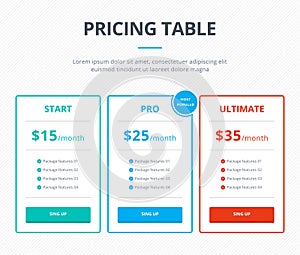 Pricing table template with three plans - Start, Pro and Ultimate vector interface element