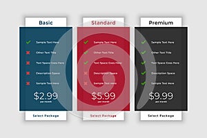 Pricing table template for website and application