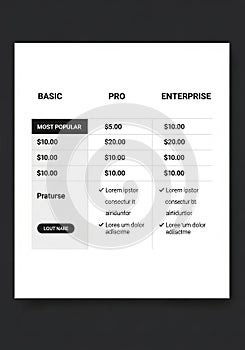 Pricing table with three columns: Basic, Pro, and Enterprise. Each column lists pricing