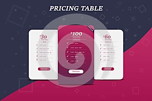 Pricing tables, Comparison table, website site pricing table for digital product, business plan, checklist design template, Vector