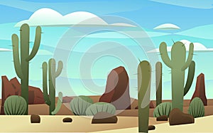 Prickly cacti. Landscape in desert with sand and stones. Rocks and cliffs. Wildlife. Cartoon fun style. Flat design