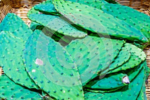 Prickly cactus leaves cactus pads for Mexican or Latin American cooking, in a basket, being sold in a farmer`s market. Bright gr