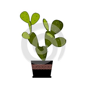 Prickly pear cactus in pot, traditional Mexican plant. Cactus flat vector illustration on white. Home flower in pot