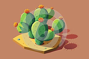 A prickly pear cactus stands in a desert landscape, with its shadow casting on the ground, Prickly pear cactus Customizable