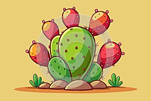 A prickly pear cactus with vibrant red flowers against a bright yellow backdrop, Prickly pear cactus Customizable Cartoon