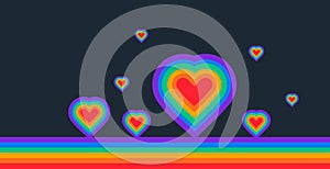 Pride abstract background with a rainbow flag and rainbow hearts on dark background - vector illustration