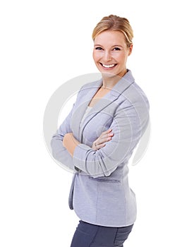 Pride, crossed arms and portrait of woman in studio with positive, good and confident attitude. Happy, smile and young