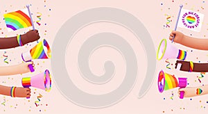 Pride festive banner background with multi ethnic hands, flags, megaphones and copy space for LGBTQIA+ Pride month, love diversity