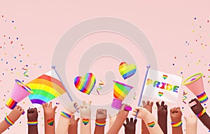 Pride festive banner background with multi ethnic hands, flags, megaphones and copy space for LGBTQIA+ Pride month, love diversity