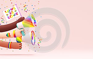 Pride festive flyer background with multi ethnic hands, flag, megaphones and copy space for LGBTQIA+ Pride month, love diversity