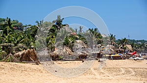 Pride flags in front of thatch roof beach bars and palapas on the beach