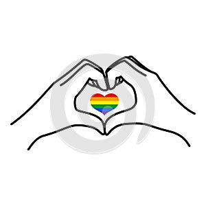 Pride LGBT Rainbow Heart and Female hand of a love symbol in a minimalist linear trendy style. Vector Illustration