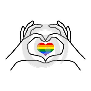 Pride LGBT Rainbow Heart and Female hand of a love symbol in a minimalist linear trendy style. Vector Illustration