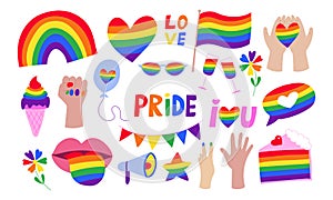Pride LGBTQ icon set, LGBTQ related symbols set in rainbow colors.