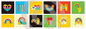 Pride LGBTQ icon set of related symbols set in rainbow colors: Pride Flag, Heart, Peace, Rainbow, Love, Support, Freedom