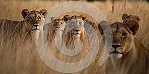 A pride of lions stalking their prey through the tall grass, concept of Predator and Prey Dynamics, created with