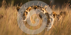 A pride of lions stalking their prey through the tall grass, concept of Predator and Prey Dynamics, created with