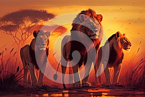 Pride of lions at sunset in the savannah. AI generated.