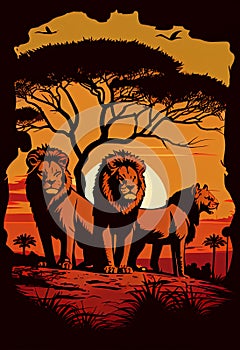 Pride of lions at sunset in the savannah. AI generated.