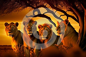 Pride of lions at sunset in the savannah. AI generated.